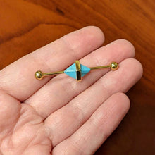Load image into Gallery viewer, 14G Blue Faux Turquoise Gold Tone Stone Hippie Industrial Barbell 38mm
