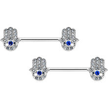 Load image into Gallery viewer, 14G 9/16 Clear Blue Gem Eye Hamsa Hand Barbell Nipple Ring Set

