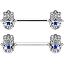 Load image into Gallery viewer, 14G 9/16 Clear Blue Gem Eye Hamsa Hand Barbell Nipple Ring Set
