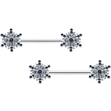 Load image into Gallery viewer, 14G 9/16 Blue Gem Festive Snowflake Christmas Nipple Ring Set
