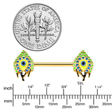 Load image into Gallery viewer, 14G 9/16 Gold Tone Bold Peacock Feather Barbell Nipple Ring Set

