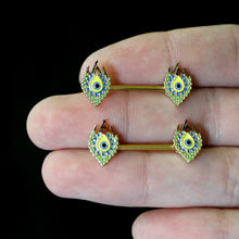 Load image into Gallery viewer, 14G 9/16 Gold Tone Bold Peacock Feather Barbell Nipple Ring Set
