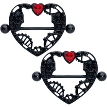 Load image into Gallery viewer, 14G 7/8 Red Gem Black Skeleton Steampunk Heart Nipple Shield Set
