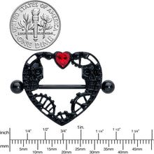 Load image into Gallery viewer, 14G 7/8 Red Gem Black Skeleton Steampunk Heart Nipple Shield Set
