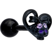 Load image into Gallery viewer, 16G 1/4 Purple Gem Black Heart Skull Bow Cartilage Tragus Earring
