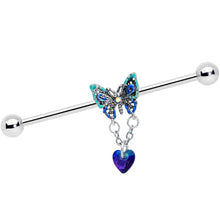 Load image into Gallery viewer, 14G Blue Gem Heart Butterfly Dangle Industrial Barbell 38mm

