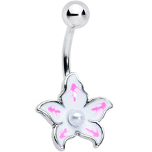 Load image into Gallery viewer, White Pearlescent Center Pink White Flower Belly Ring
