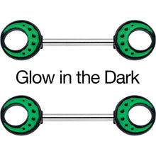 Load image into Gallery viewer, 14G 9/16 Deep Green Moon Glow in the Dark Barbell Nipple Ring Set
