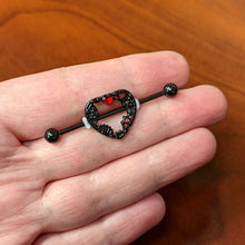 Load image into Gallery viewer, 14G Red Gem Black Heart Steampunk Skeleton Industrial Barbell 38mm
