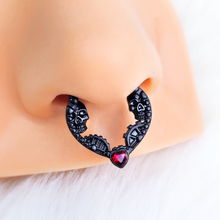 Load image into Gallery viewer, 16G 5/16 Red Gem Black Steampunk Skeleton Heart Cartilage Clicker
