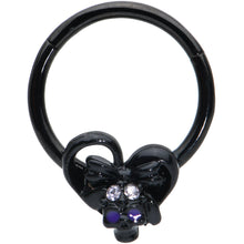 Load image into Gallery viewer, 16G 3/8 Clear Gem Black Heart Skull Bow Hinged Segment Ring
