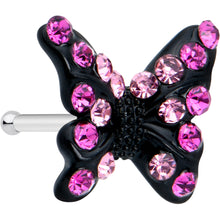 Load image into Gallery viewer, 20G 1/4 Pink Gem Midnight Black Butterfly Nose Bone
