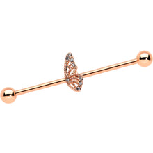 Load image into Gallery viewer, 14G Clear Gem Rose Gold Tone Texture Wing Industrial Barbell 38mm
