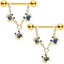 Load image into Gallery viewer, 14G 9/16 Black Gem Gold Tone Blue Crab Dangle Nipple Ring Set

