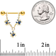 Load image into Gallery viewer, 14G 9/16 Black Gem Gold Tone Blue Crab Dangle Nipple Ring Set
