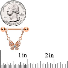 Load image into Gallery viewer, 14G 5/8 Clear Gem Rosy Tone Airy Butterfly Dangle Nipple Ring Set
