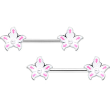 Load image into Gallery viewer, 14G 9/16 Pearlescent Orb Pink White Flower Barbell Nipple Ring Set
