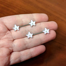 Load image into Gallery viewer, 14G 9/16 Pearlescent Orb Pink White Flower Barbell Nipple Ring Set
