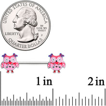 Load image into Gallery viewer, 14G 9/16 Bow Pink Heart Owls Barbell Nipple Ring Set
