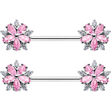 Load image into Gallery viewer, 14G 9/16 Pink CZ Gem Floral Burst Barbell Nipple Ring Set
