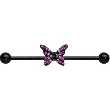 Load image into Gallery viewer, 14G Pink Gem Black Midnight Butterfly Industrial Barbell 38mm
