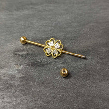 将图片加载到图库查看器，14G Clear Gem Gold Tone Textured Cross Industrial Barbell 38mm
