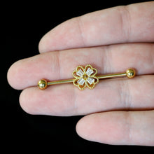 将图片加载到图库查看器，14G Clear Gem Gold Tone Textured Cross Industrial Barbell 38mm
