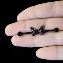 Load image into Gallery viewer, 14G Pink Gem Black Moveable Wing Butterfly Industrial Barbell 38mm
