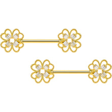 Load image into Gallery viewer, 14G 5/8 Clear Gem Gold Tone Texture Cross Barbell Nipple Ring Set

