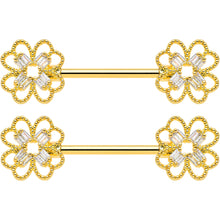 Load image into Gallery viewer, 14G 5/8 Clear Gem Gold Tone Texture Cross Barbell Nipple Ring Set
