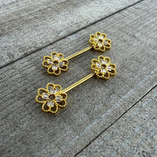 Load image into Gallery viewer, 14G 5/8 Clear Gem Gold Tone Texture Cross Barbell Nipple Ring Set
