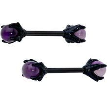Load image into Gallery viewer, 14G 9/16 Purple Amethyst Black Skeleton Hand Nipple Ring Set
