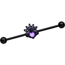 Load image into Gallery viewer, 14G Purple Gem Black Skull Blossom Heart Industrial Barbell 38mm
