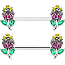 将图片加载到图库查看器，14G 9/16 Green Pink Gem Mardi Gras Flower Barbell Nipple Ring Set
