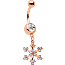 Load image into Gallery viewer, Clear Gem Rose Gold Tone Square Snowflake Holiday Dangle Belly Ring
