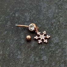 Load image into Gallery viewer, Clear Gem Rose Gold Tone Square Snowflake Holiday Dangle Belly Ring
