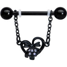 Load image into Gallery viewer, 14G 9/16 Clear Gem Black Skull Bow Heart Dangle Nipple Ring Set
