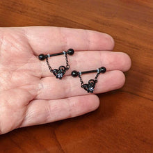 Load image into Gallery viewer, 14G 9/16 Clear Gem Black Skull Bow Heart Dangle Nipple Ring Set
