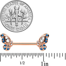 Load image into Gallery viewer, 14G 9/16 Clear Blue Gem Rosy Tone Butterfly Wing Nipple Ring Set
