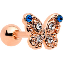 Load image into Gallery viewer, 16G 1/4 Blue Gem Rose Gold Tone Butterfly Cartilage Tragus
