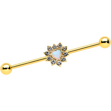 Load image into Gallery viewer, 14G White Synth Opal Gold Tone Sun Heart Industrial Barbell 38mm
