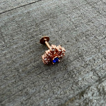 Load image into Gallery viewer, 16G 1/4 Blue Clear Gem Rose Gold Tone Glamour Flare Labret
