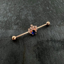 Load image into Gallery viewer, 14G Blue Gem Rose Gold Tone Glamour Flare Industrial Barbell 38mm
