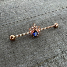Load image into Gallery viewer, 14G Blue Gem Rose Gold Tone Glamour Flare Industrial Barbell 38mm
