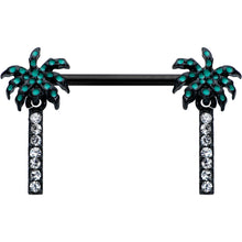 Load image into Gallery viewer, 14G 9/16 Clear Gem Black Night Palm Tree Dangle Nipple Ring Set
