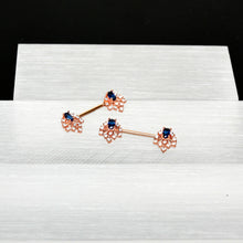 Load image into Gallery viewer, 14G 9/16 Blue Gem Rosy Tone Glam Flare Barbell Nipple Ring Set
