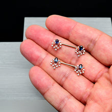 Load image into Gallery viewer, 14G 9/16 Blue Gem Rosy Tone Glam Flare Barbell Nipple Ring Set
