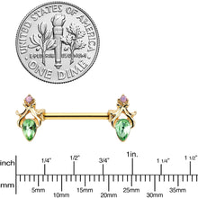 Load image into Gallery viewer, 14G 9/16 Green Gem Gold Hue Spring Shades Barbell Nipple Ring Set
