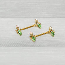 Load image into Gallery viewer, 14G 9/16 Green Gem Gold Hue Spring Shades Barbell Nipple Ring Set
