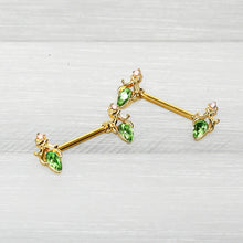 Load image into Gallery viewer, 14G 9/16 Green Gem Gold Hue Spring Shades Barbell Nipple Ring Set
